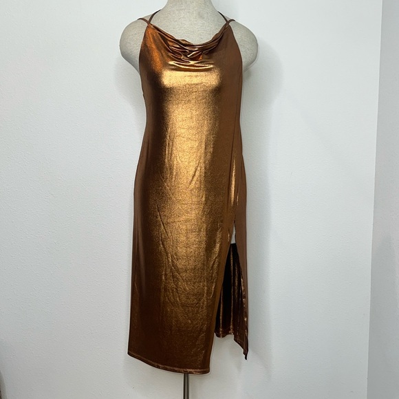 NBD Dresses & Skirts - 🔹 NBD x Revolve Kai Metallic Drape Front Backless Midi Dress